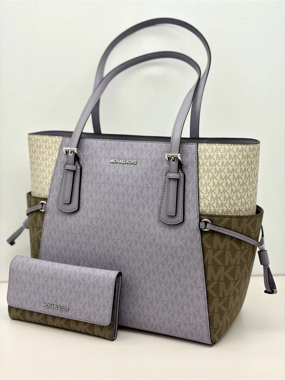 Michael Kors Voyager Color-Block Logo Tote Shoulder Bag and Wallet Set Lilac